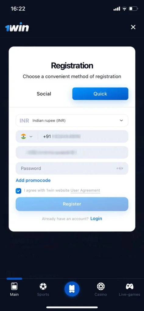 Go through a quick registration in the 1win mobile app.