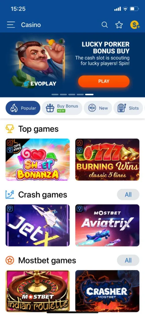Play online casino games on the Mostbet mobile app.