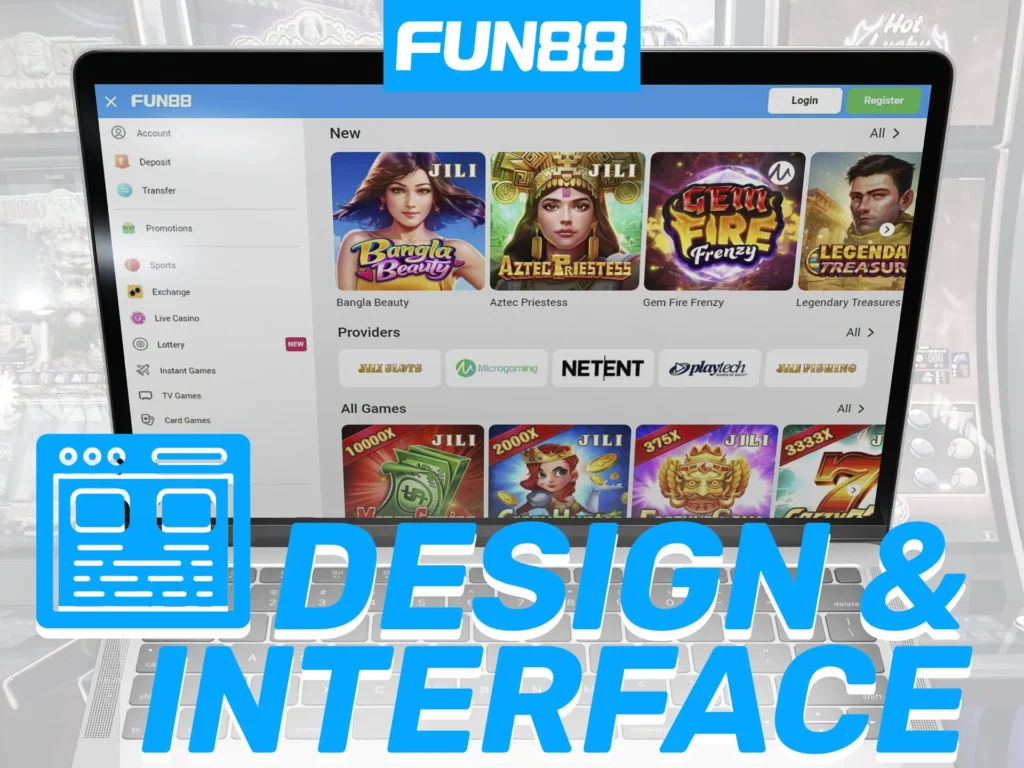 Fun88 casino boasts a white and blue scheme for comfortable, standard interface gambling.