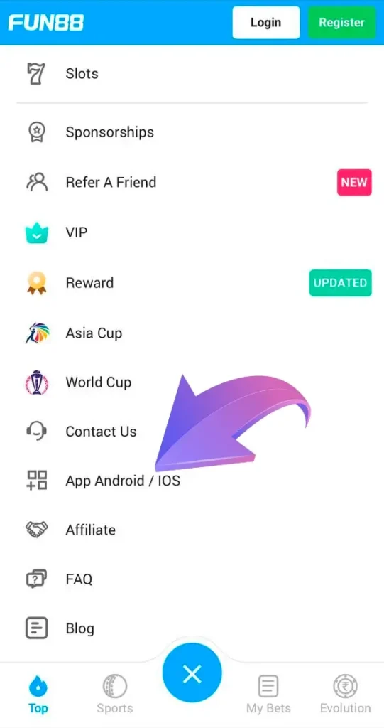 In the main menu, you will see a tab with the Fun88 app download.
