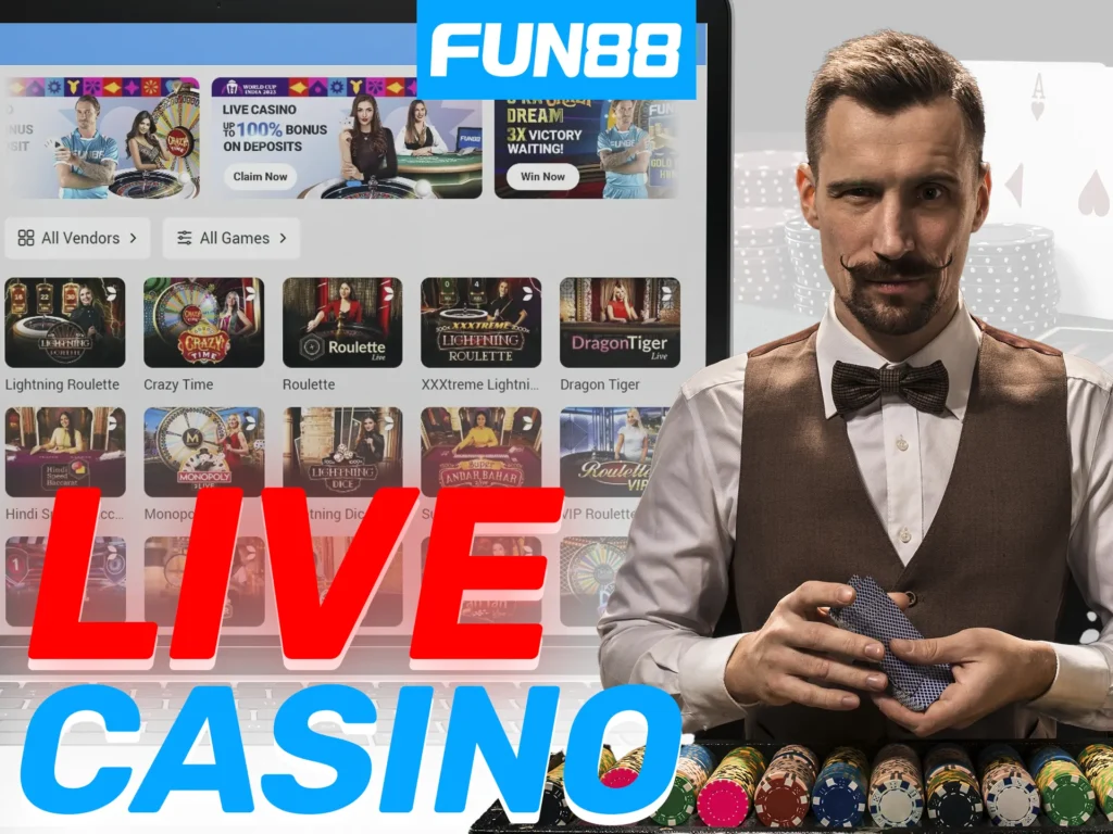 Experience the thrill of live dealer games at Fun88, including Poker, Baccarat, Roulette, and more.