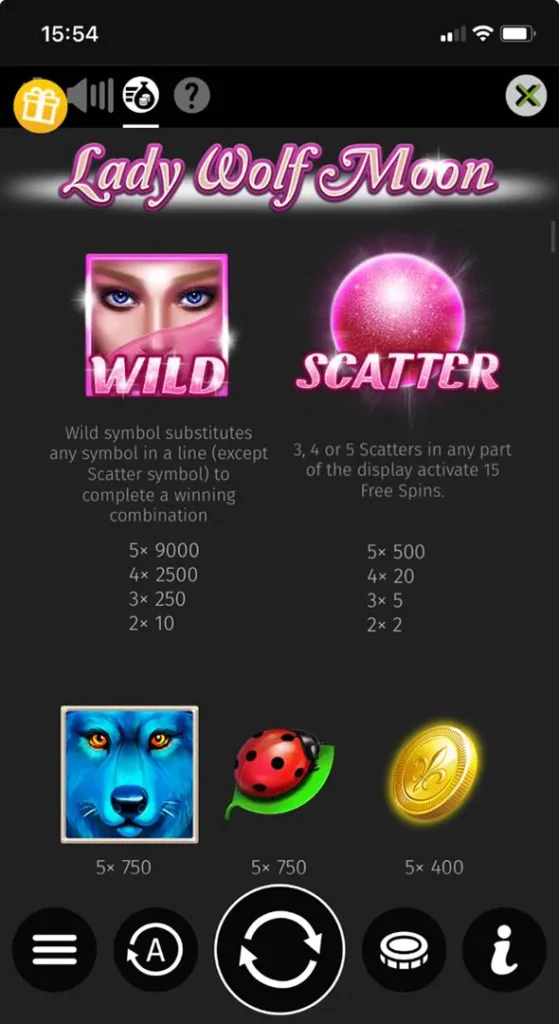 Check out the pay table for the Lady Wolf Moon slot.