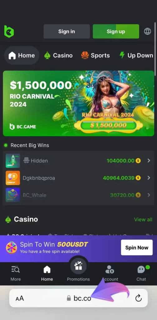Open Safari and type in the official site of the popular BC.Game casino.