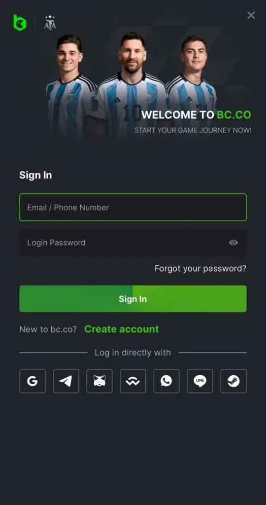 Form for logging in to your personal account in the BC.Game app.