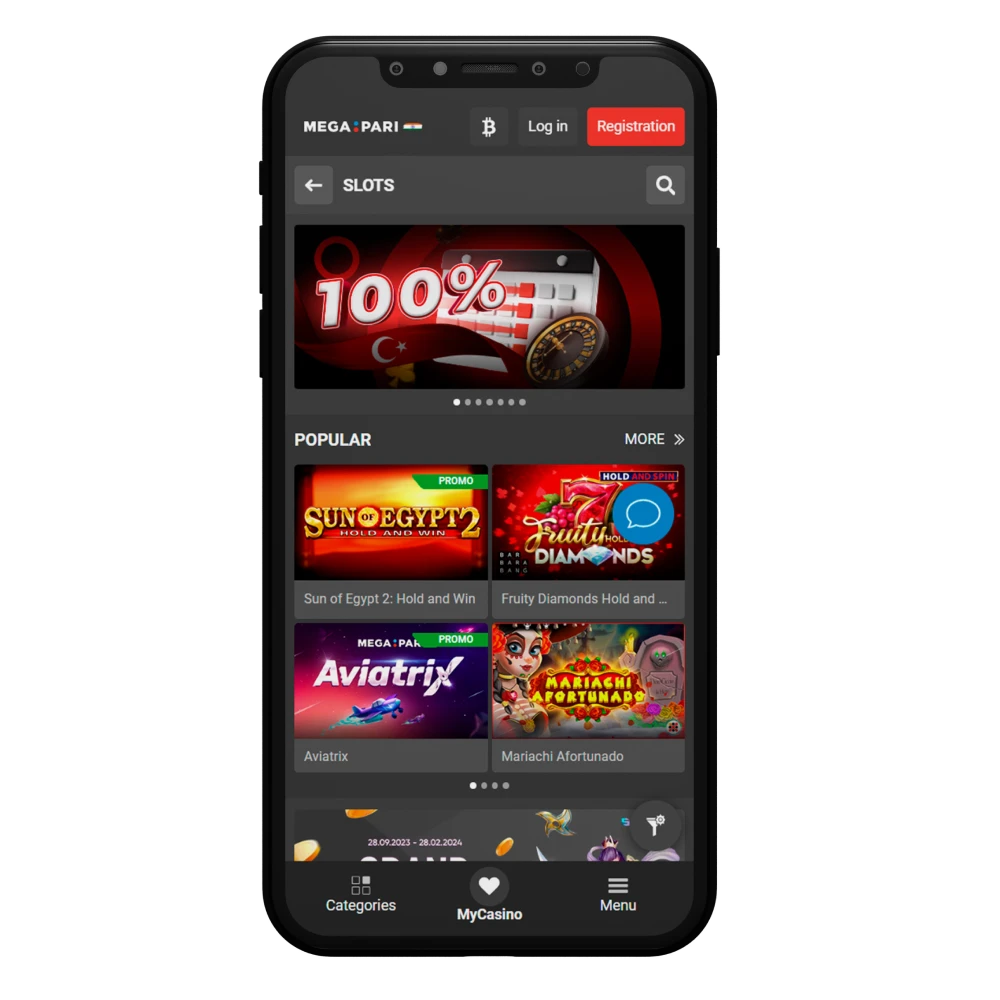 With Megapari app, choose any slots to play at the casino.
