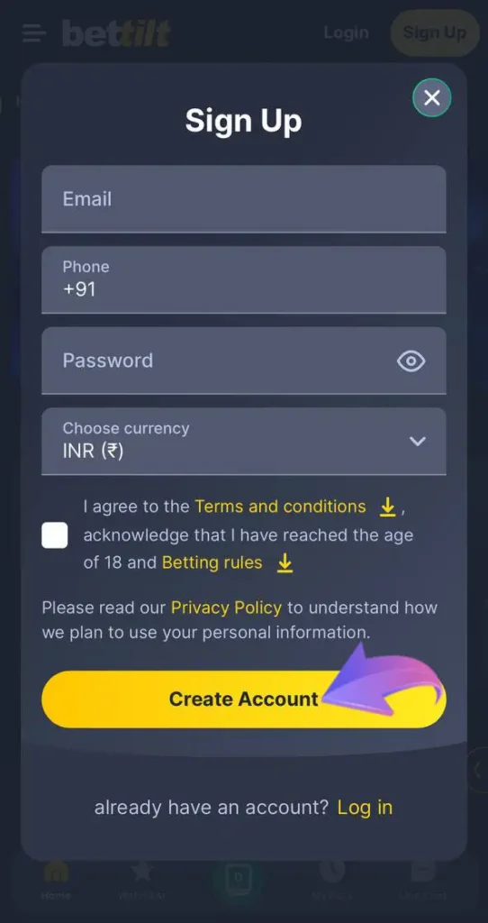 Perform registration and fill out the form carefully at Bettilt Casino.
