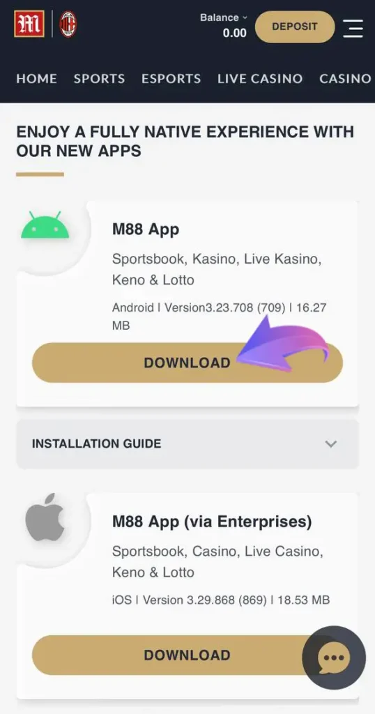 Open the downloads tab and proceed to install the M88 app.