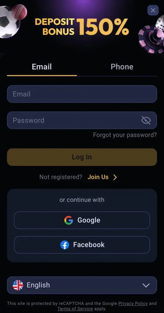 Form to log in to your account on the Odds96 app.
