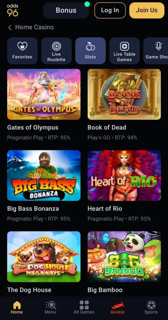 Slots from Odds96 Casino.