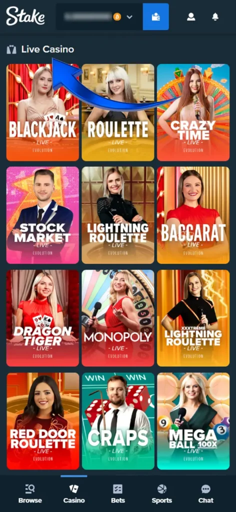 Go to the slots section of the Stake app and make your selection.