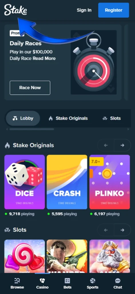 Go to Stake's official website.