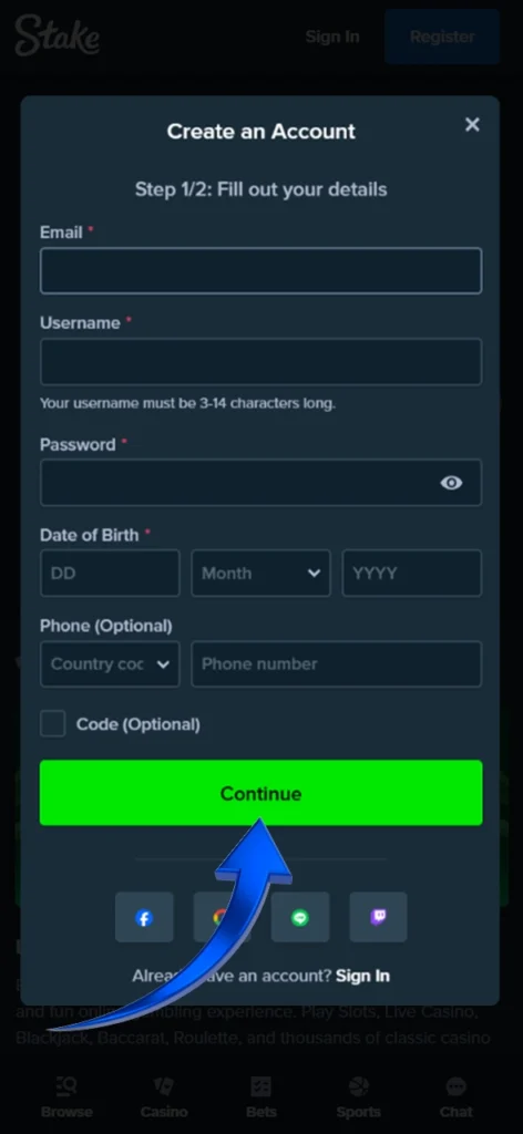 Go through Stake registration to start playing.