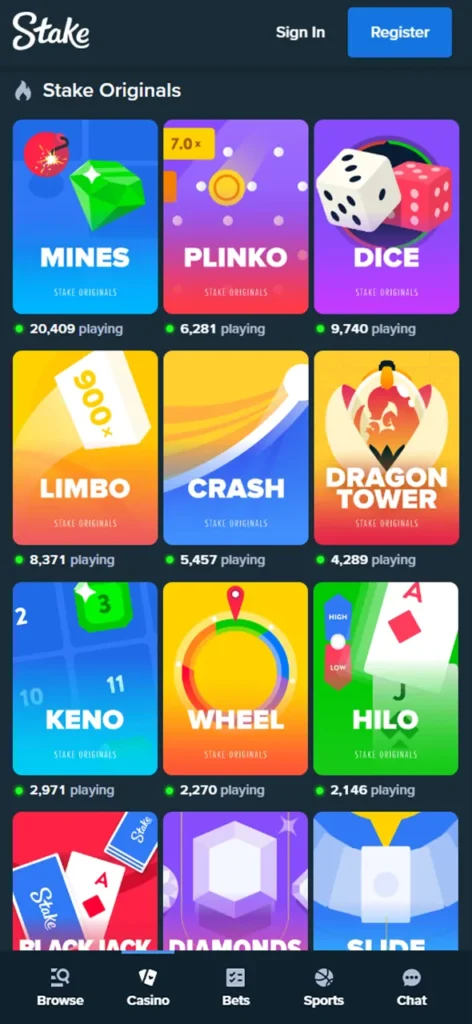 Stake casino games section.