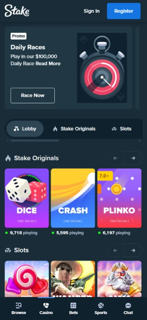 Stake mobile app home page.