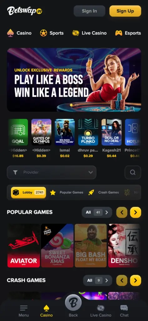 Play casino games on Betswap official app.