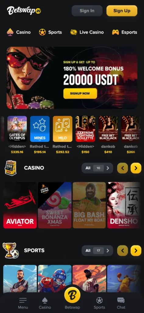 Open the main page of official Betswap app.