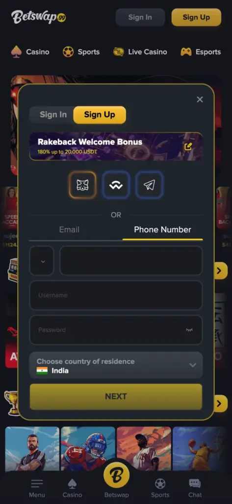 You must register at Betswap app to start playing casino.