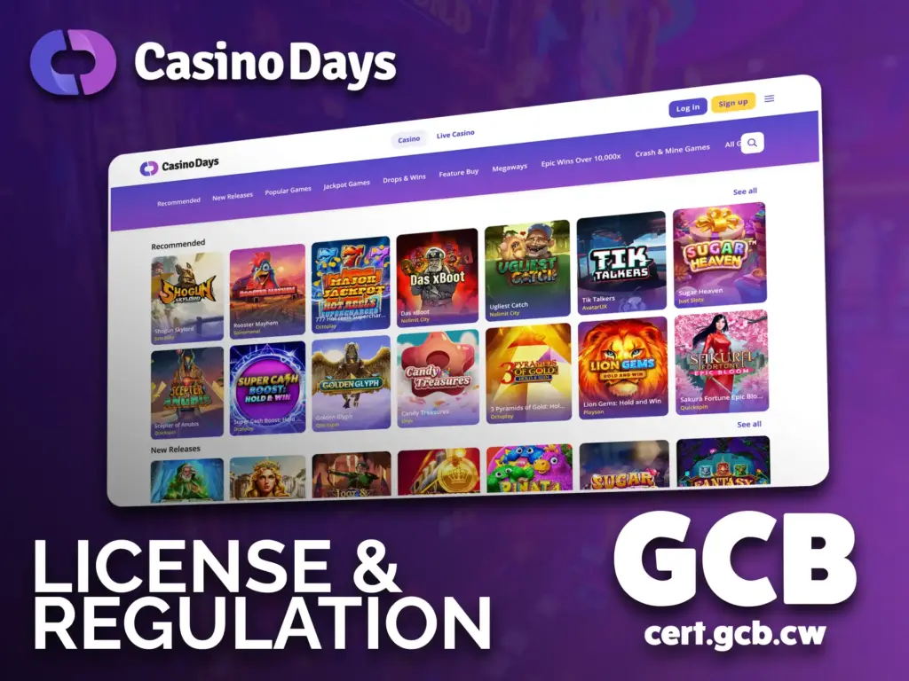 CasinoDays platform operates under the Curacao Gaming Control Board license.