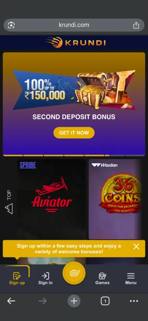 Open the Krundi website in any available browser.