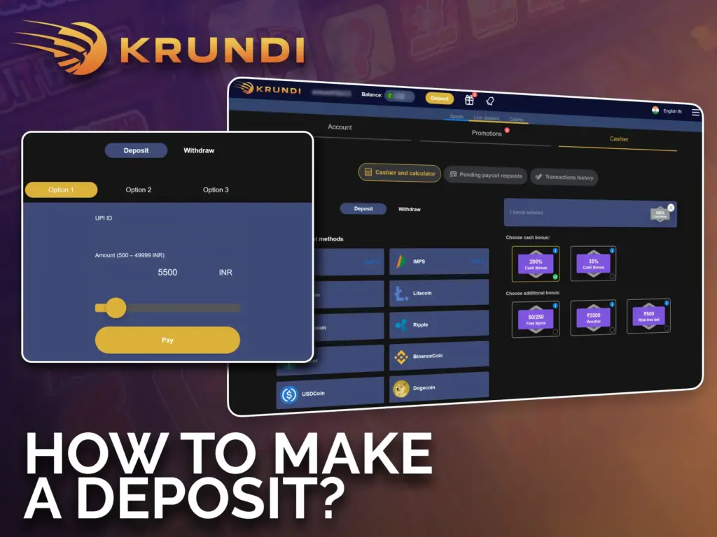 Make deposits quickly and easily at Krundi casino.