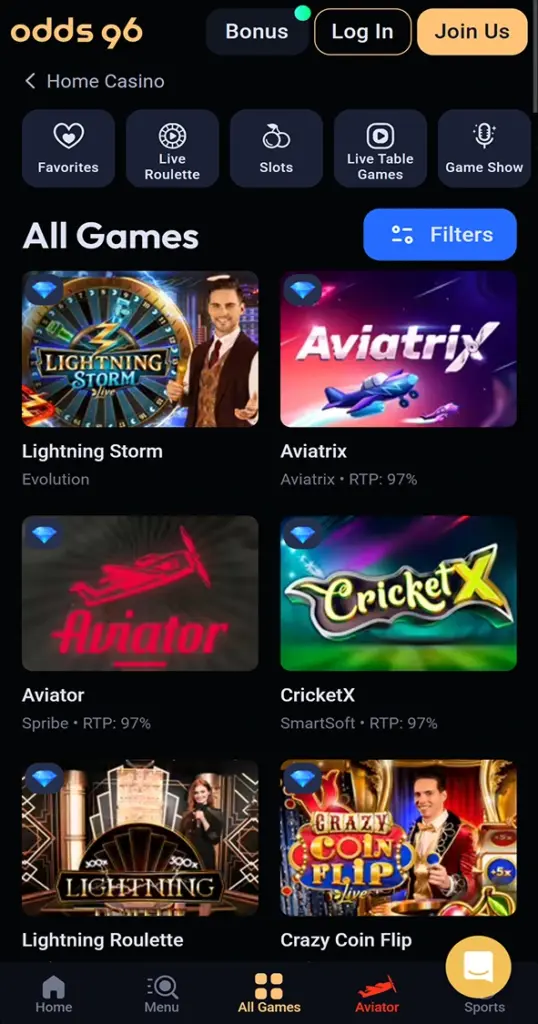 The casino games section in the Odds96 app.