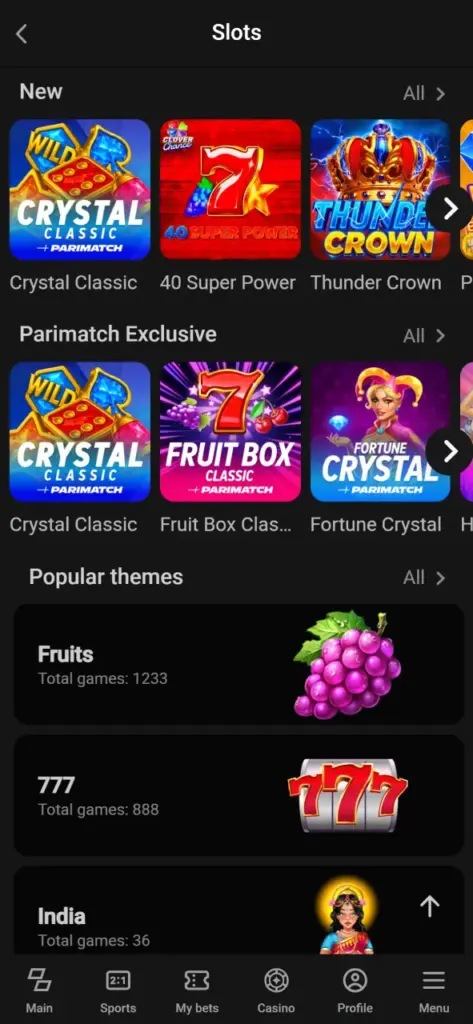 Play slots with Parimatch app every day.