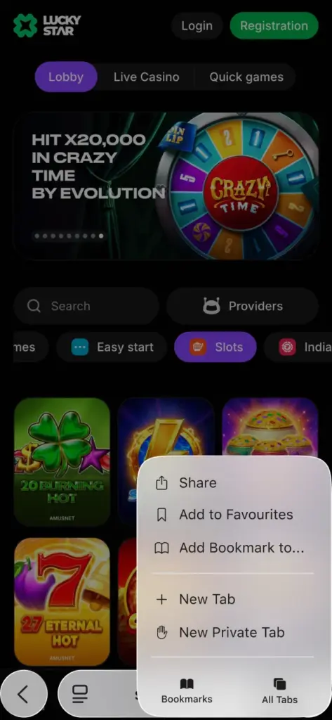 Open the Safari menu to add the Lucky Star app.
